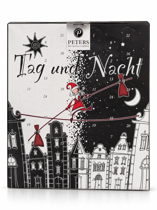Tag & Nacht Adventskalender 275g von PETERS Pralinen mit 48 Pralinen, schwarz-weißem Design, 24 Türchen, Weihnachtswichtel und nächtlichem Stadtmotiv