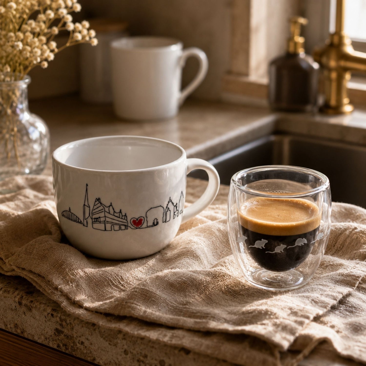 Tasse und Glas werden schonend von Hand gespült