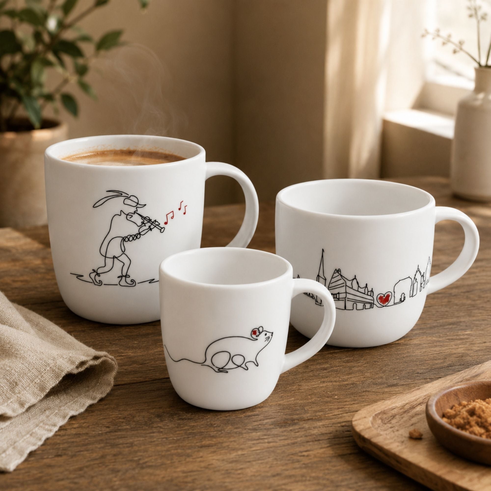 Drei Keramiktassen in verschiedenen Größen für Kaffee, Cappuccino und Espresso
