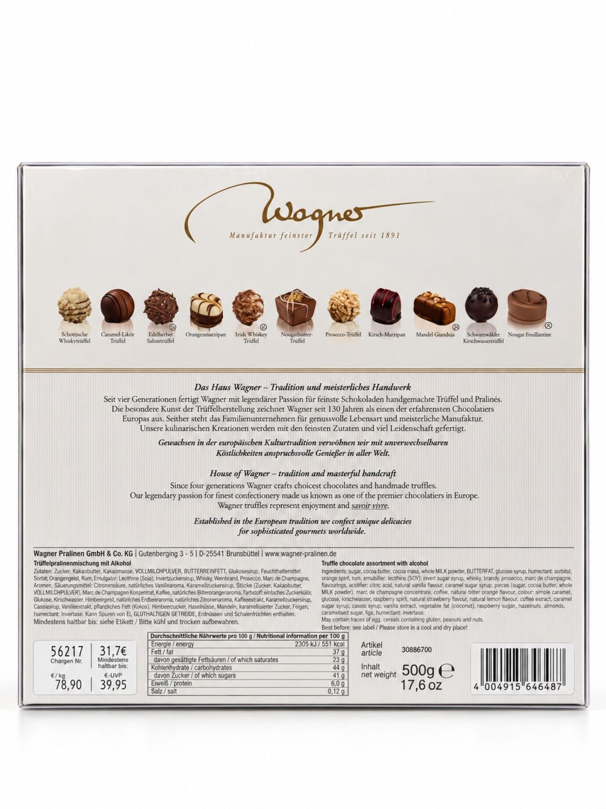 Rückseite der Trüffelpralinen Frohe Weihnachten und Neujahr 500g von Wagner Pralinen mit elf Pralinensorten, Zutaten, Allergenen und Nährwertangaben