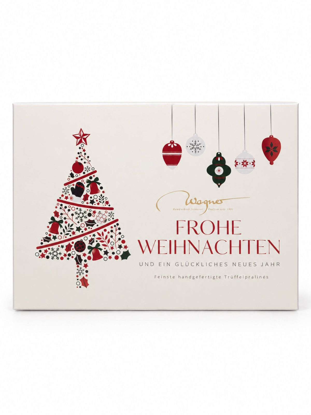 Trüffelpralinen Frohe Weihnachten und ein glückliches neues Jahr 500g von Wagner Pralinen in weißer Geschenkbox mit Weihnachtsbaum, Christbaumkugeln und festlichem Schriftzug