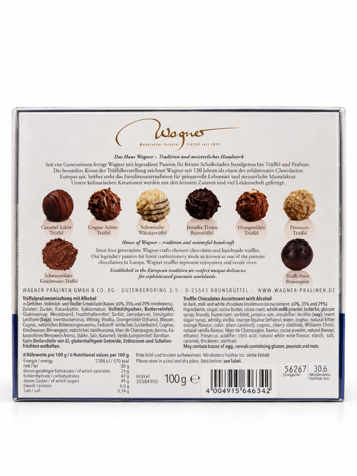 Rückseite der Trüffelpralinen mit Alkohol Winterlandschaft 100g von Wagner Pralinen mit acht Sorten, Zutaten und Nährwertangaben