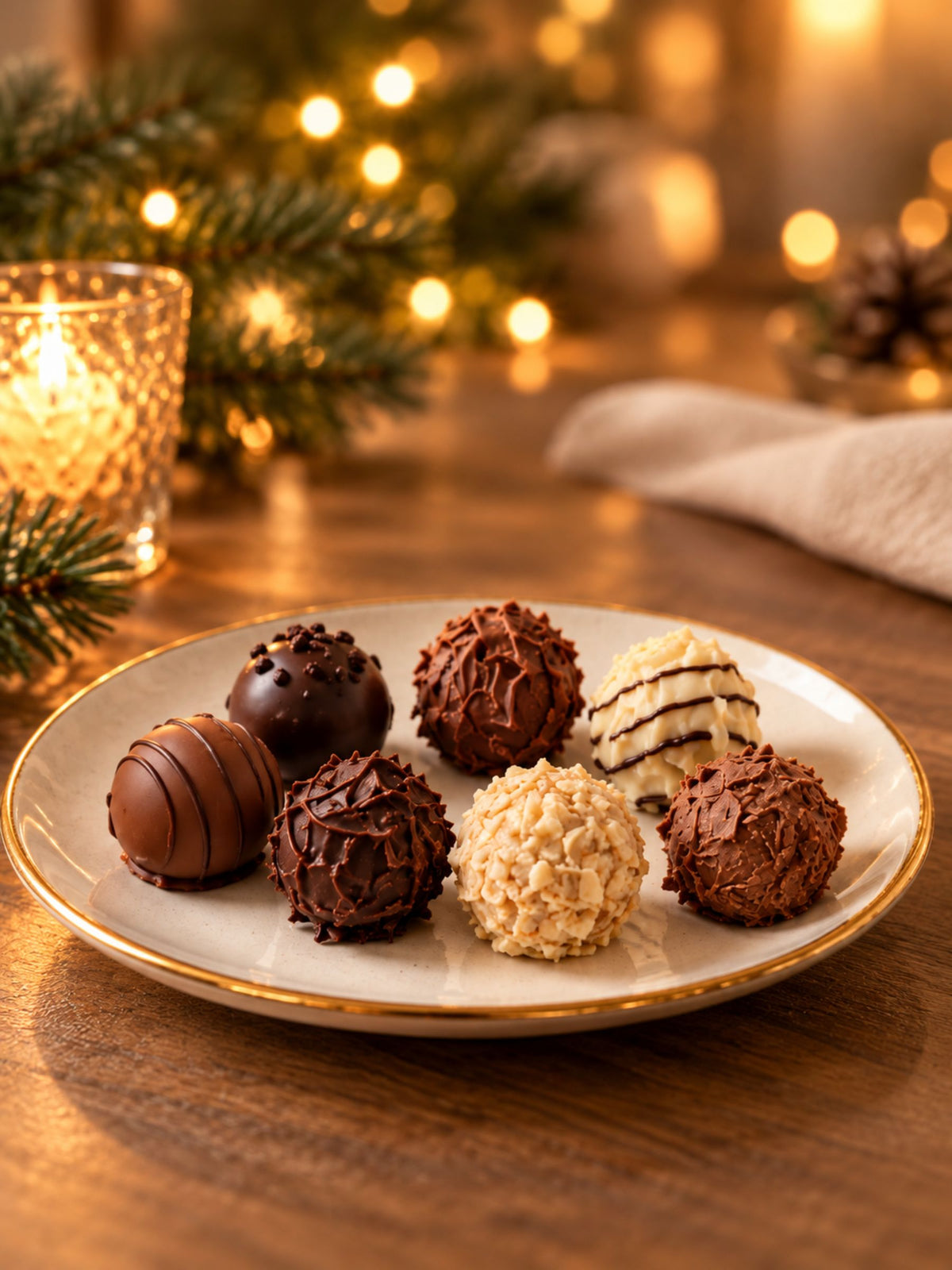 Detailbild von Trüffelpralinen mit Alkohol Winterlandschaft 200g von Wagner Pralinen vor weihnachtlichem Hintergrund