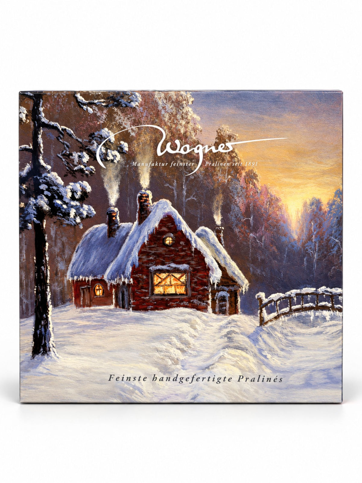 Trüffelpralinen mit Alkohol Winterlandschaft 200g von Wagner Pralinen in Geschenkbox mit verschneitem Haus und Brücke