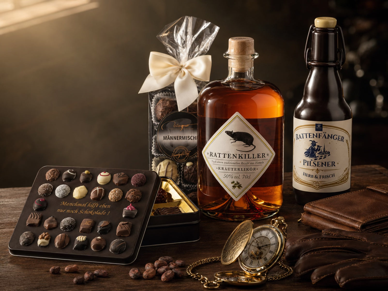 Vatertag Geschenke der Dreyer Confiserie mit Likör, Pralinen und Schokolade
