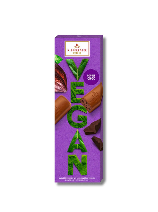 Niederegger Double Choc Vegan 100g vegane Schokolade mit Kakaocremefüllung und Schokoladenstückchen, erhältlich online und vor Ort in der Dreyer Confiserie aus der Rattenfängerstadt Hameln.