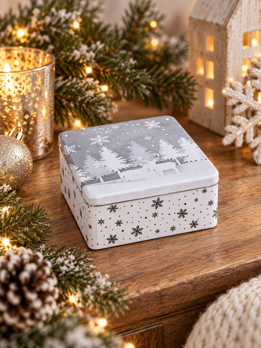 Dose Winterwald aus Metall von G. Wurm in weihnachtlicher Dekoration mit Tannengrün, Lichtern und Weihnachtskugel auf Holztisch