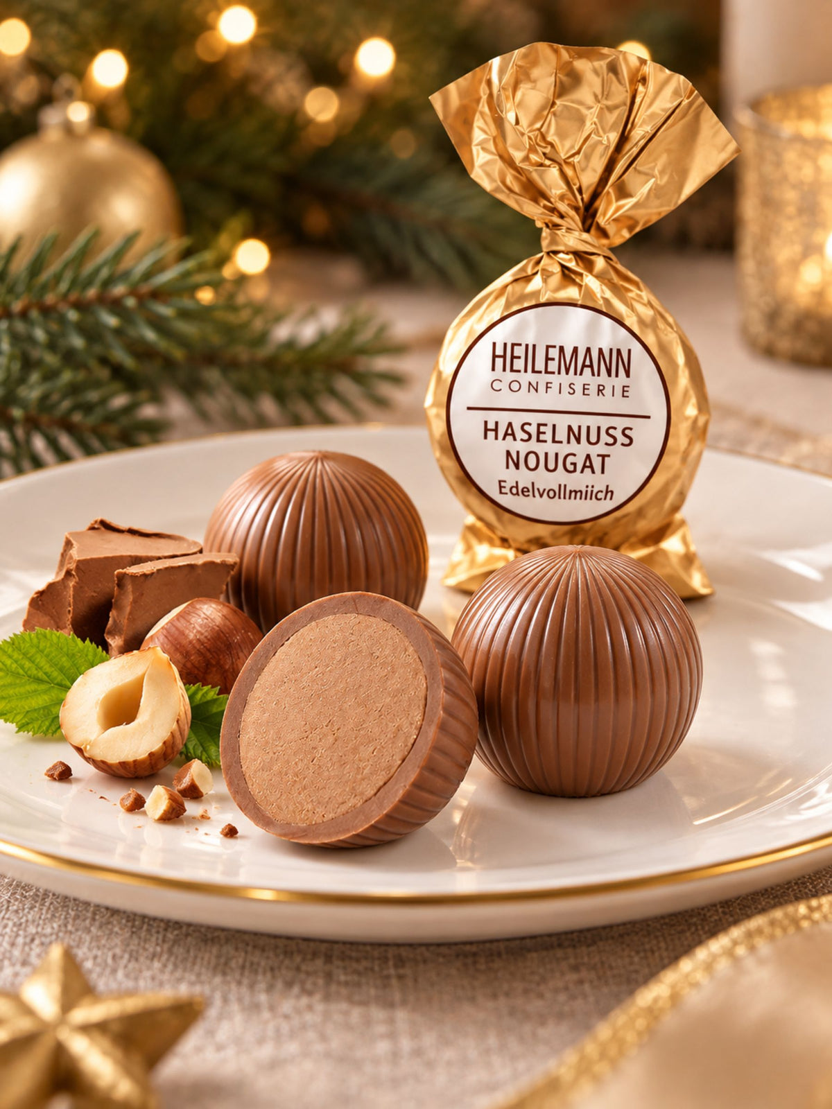 Haselnuss-Nougat Praliné-Kugel 15g von Heilemann ausgepackt auf weißem Teller 
