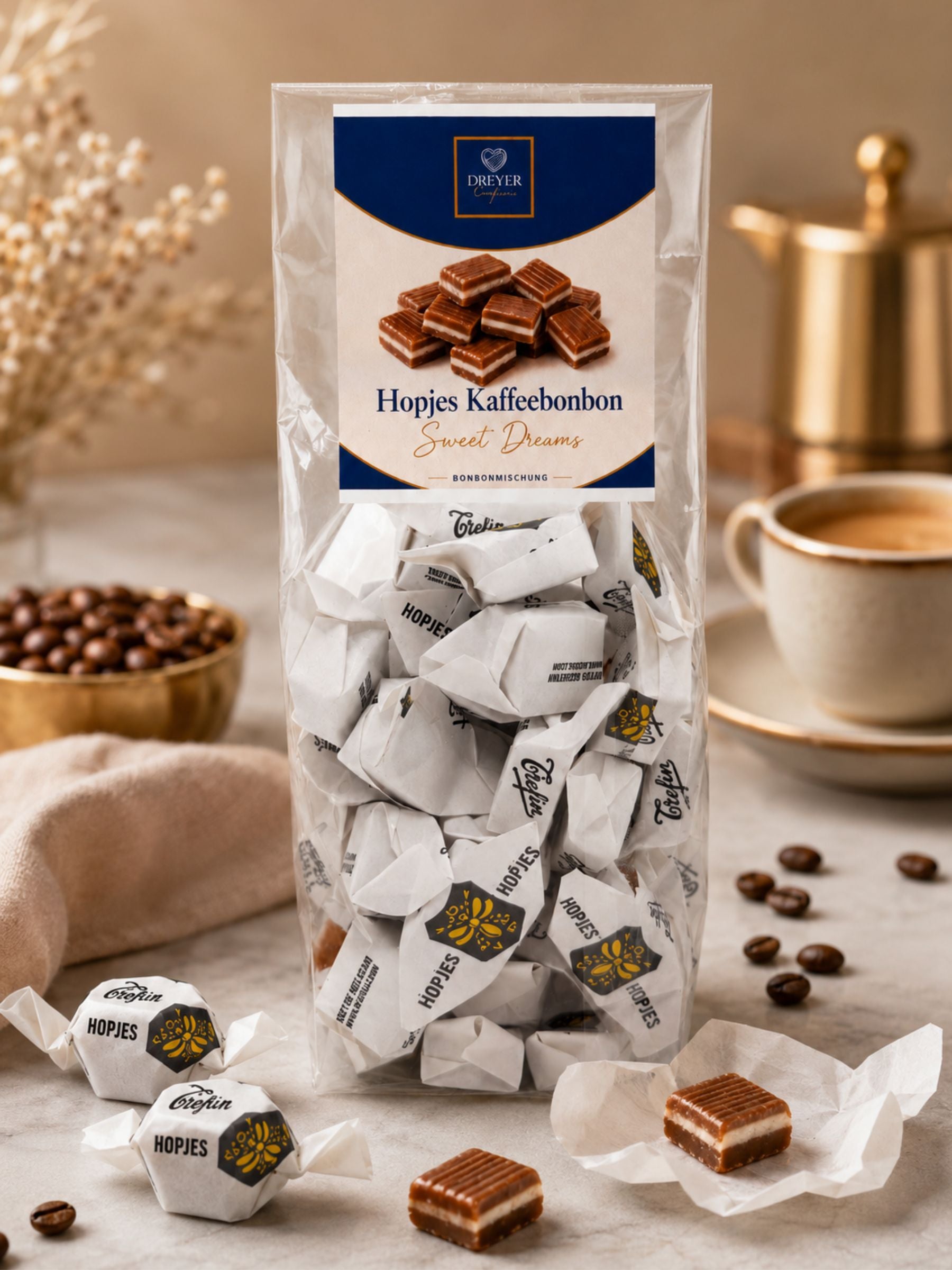 Verkaufsbild Hopjes Kaffeebonbons 150g auf Marmor Platte 