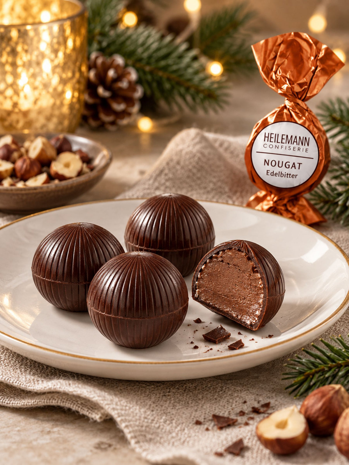 Nougat Edelbitter Praliné-Kugel 15g von Heilemann ausgepackt auf Teller