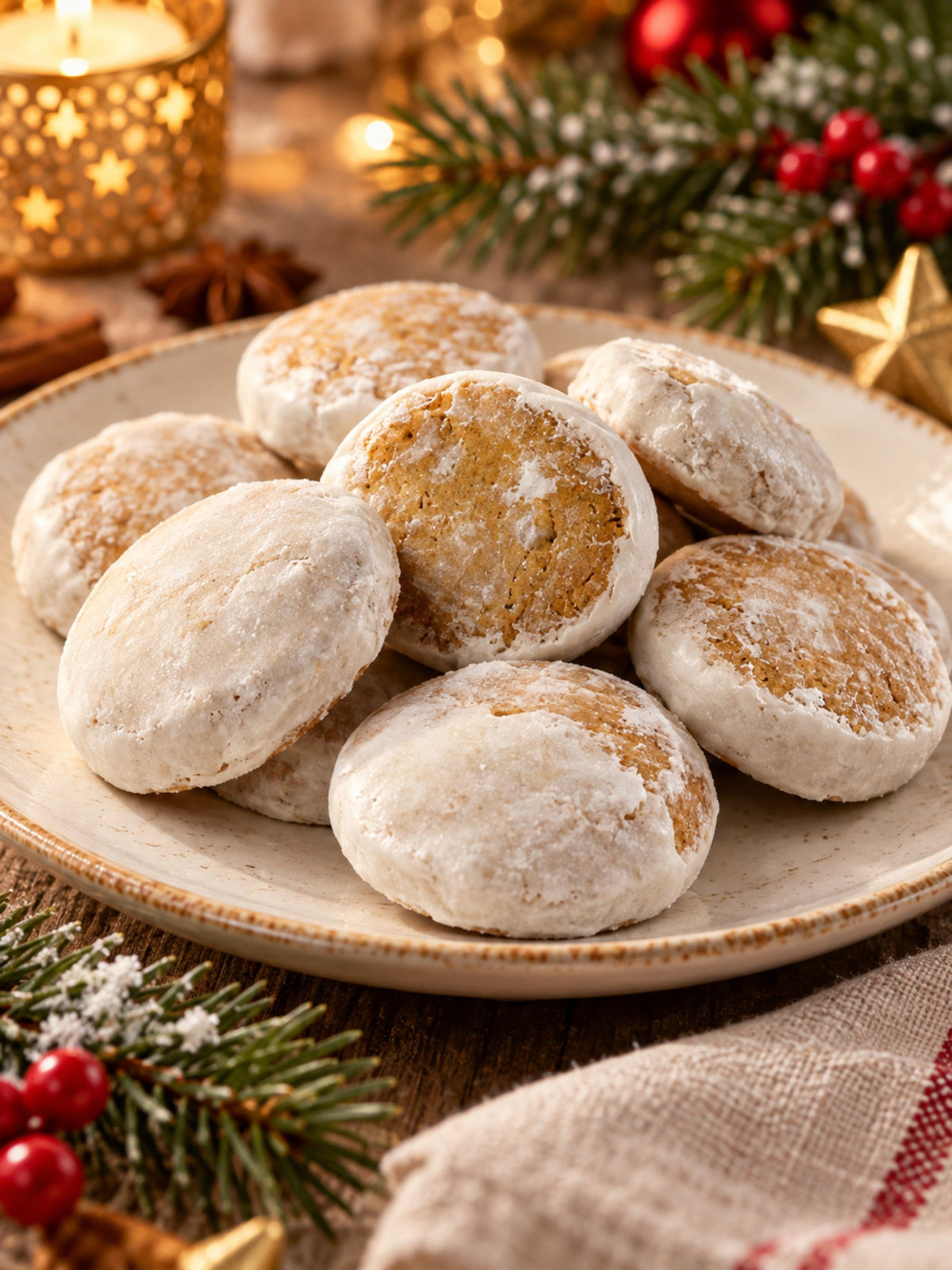 Verkaufsbild von Weiße Pfeffernüsse glasiert 200g von Dreyer Confiserie in weihnachtlicher Verpackung auf Teller