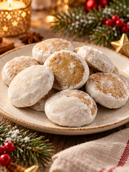 Verkaufsbild von Weiße Pfeffernüsse glasiert 200g von Dreyer Confiserie in weihnachtlicher Verpackung auf Teller