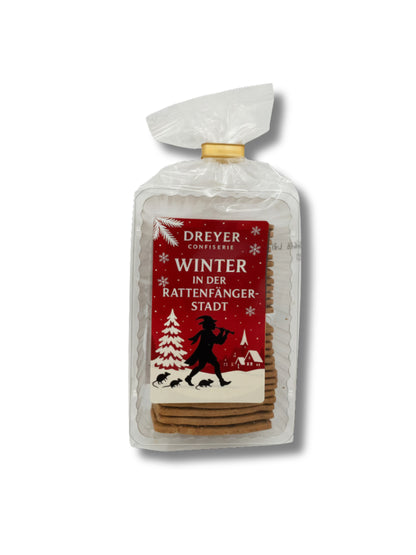 Verpackung von Butter-Mandelblätter 75 g – feines Buttergebäck mit Mandeln, handgefertigt in der Dreyer Confiserie in der Rattenfängerstadt Hameln, ideal zu Kaffee oder Tee.