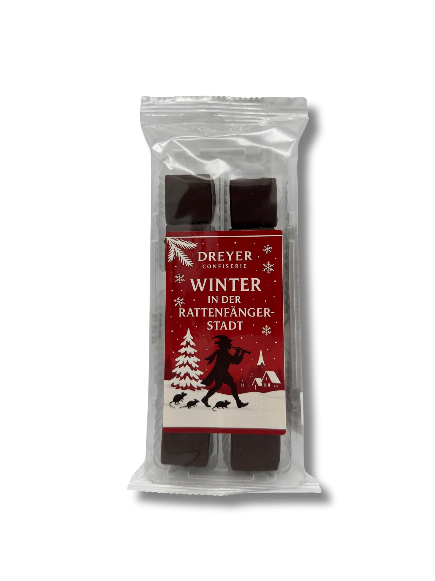 Verpackung "Winter in der Rattenfängerstadt" von Dominosteine Zartbitter 125 g. 