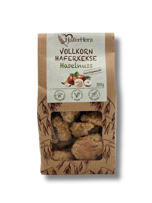 Vollkorn-Haferkekse mit Haselnüssen von HaferHerz in 300 g-Packung, vegan und ballaststoffreich – erhältlich in der Dreyer Confiserie in der Rattenfängerstadt Hameln. 
