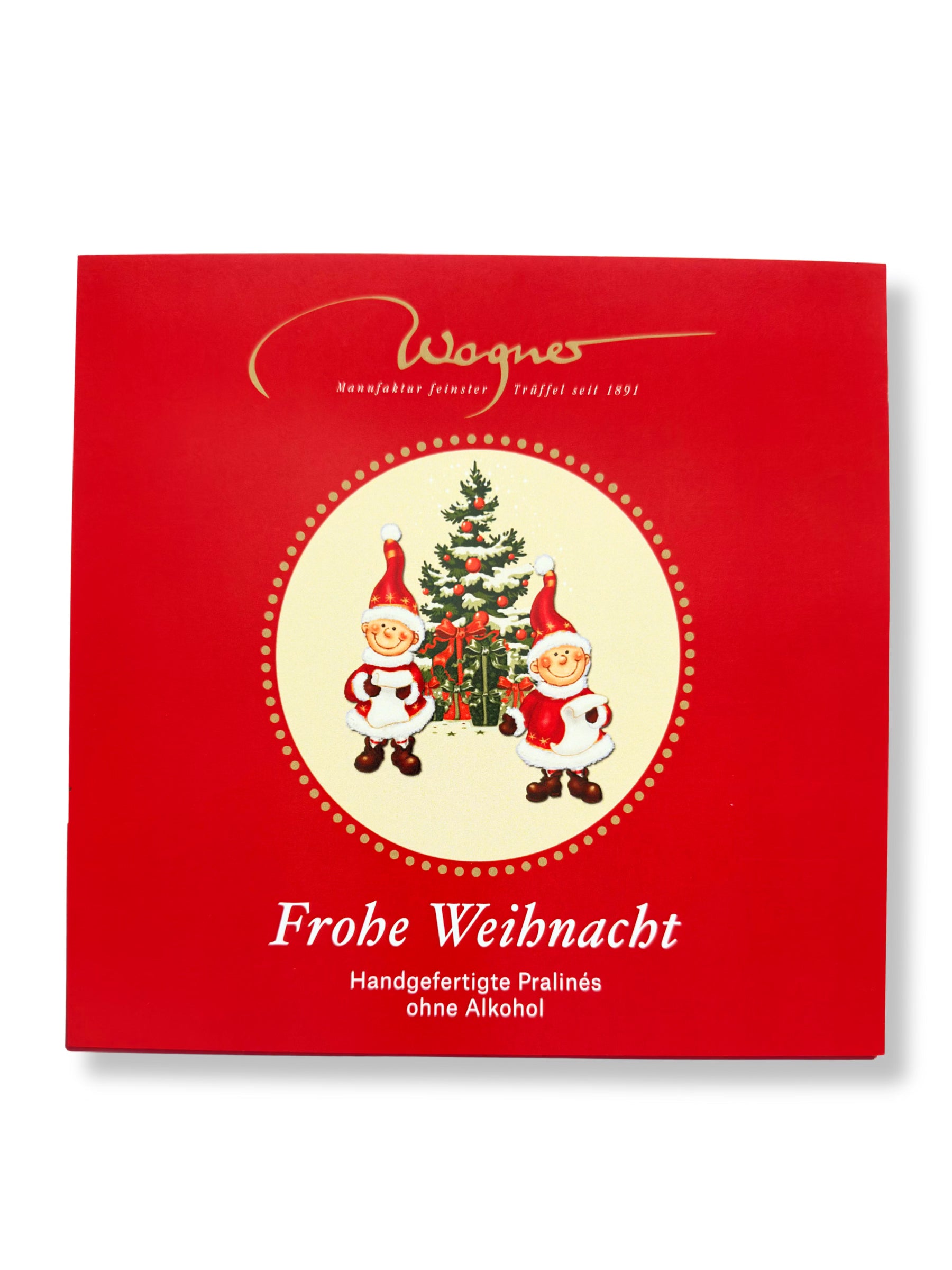 Vorderseite Wagner Trüffelpralinés Harmonie „Weihnachtswichtel“ 200 g, handgefertigte alkoholfreie Pralinenmischung in festlicher Geschenkverpackung, erhältlich in der Dreyer Confiserie in der Rattenfängerstadt Hameln.