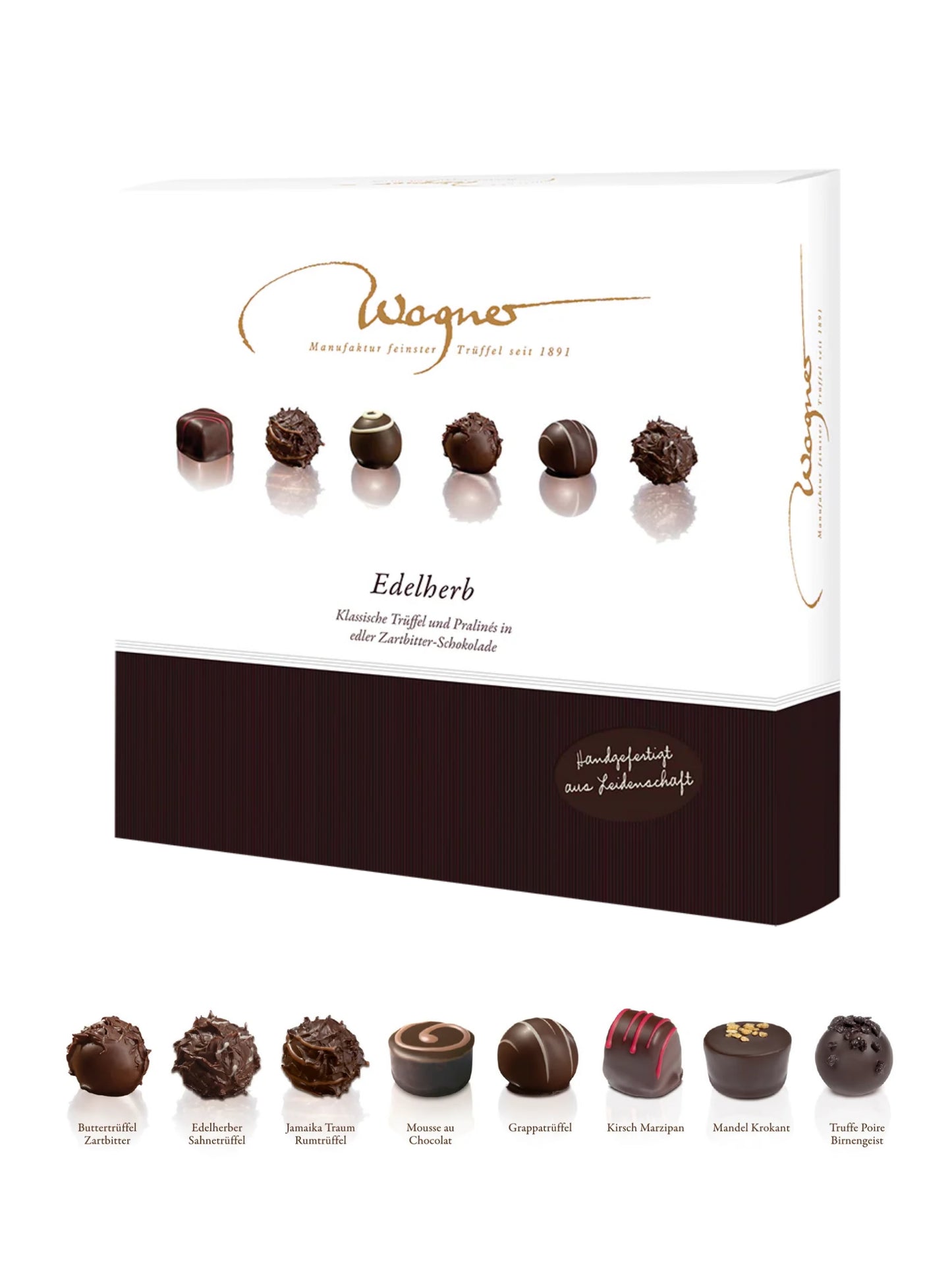 Wagner Edelherb Zartbitter Trüffelpralinen mit Alkohol 200g. Handgefertigte Pralinen- und Trüffelmischung in edler Zartbitterschokolade erhältlich in der Dreyer Confiserie Hameln.