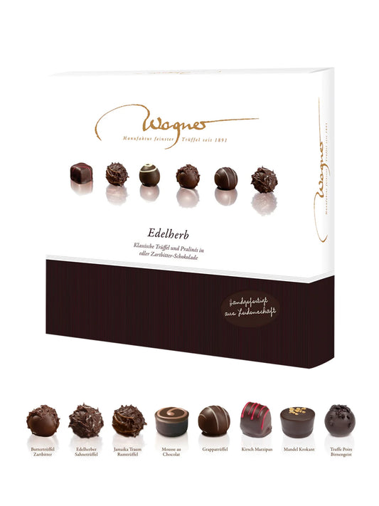 Wagner Edelherb Zartbitter Trüffelpralinen mit Alkohol 200g. Handgefertigte Pralinen- und Trüffelmischung in edler Zartbitterschokolade erhältlich in der Dreyer Confiserie Hameln.