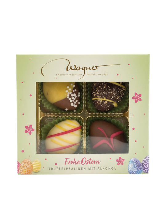 Wagner Mini-Trüffeleier mit Alkohol 50g, 4-fach sortiert mit Ostermotiven, erhältlich in der Dreyer Confiserie in Hameln