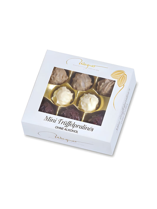 Wagner Mini Trüffelpralines ohne Alkohol 45g. Trüffelpralinenmischung aus Zartbitter-, Vollmilch- und weißer Schokolade in Geschenkverpackung. Erhältlich in der Dreyer Confiserie aus der Rattenfängerstadt Hameln. 