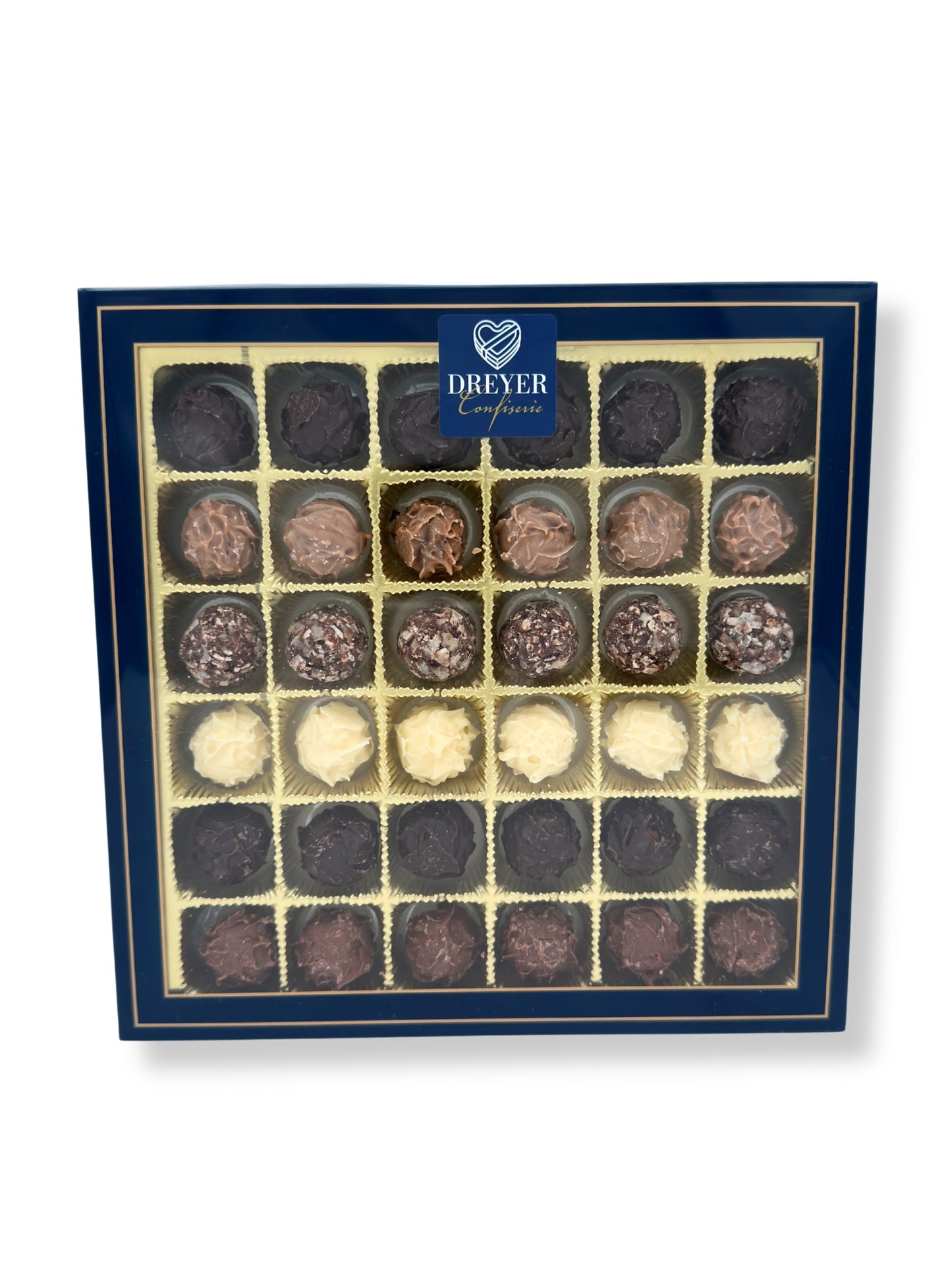 Wagner Mini Trüffelvariation ohne Alkohol 200 g, erlesene Auswahl handgefertigter alkoholfreier Mini-Trüffel in Edelbitter-, Vollmilch- und weißer Schokolade, erhältlich in der Dreyer Confiserie in der Rattenfängerstadt Hameln.