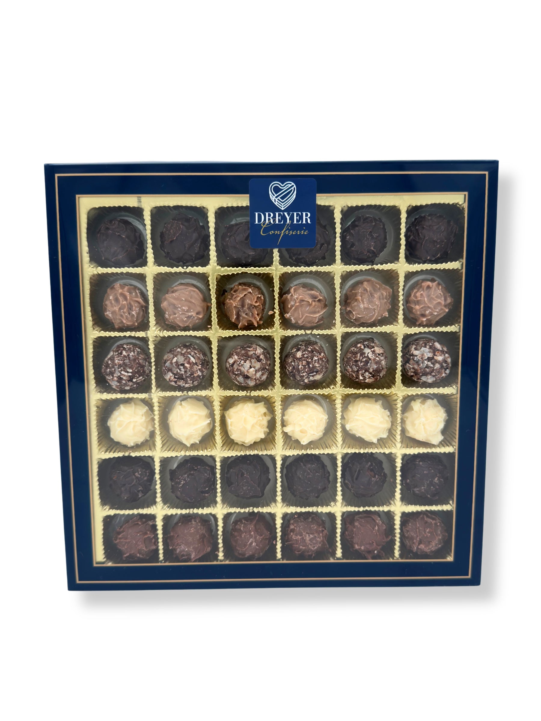 Wagner Mini Trüffelvariation ohne Alkohol 200 g, erlesene Auswahl handgefertigter alkoholfreier Mini-Trüffel in Edelbitter-, Vollmilch- und weißer Schokolade, erhältlich in der Dreyer Confiserie in der Rattenfängerstadt Hameln.