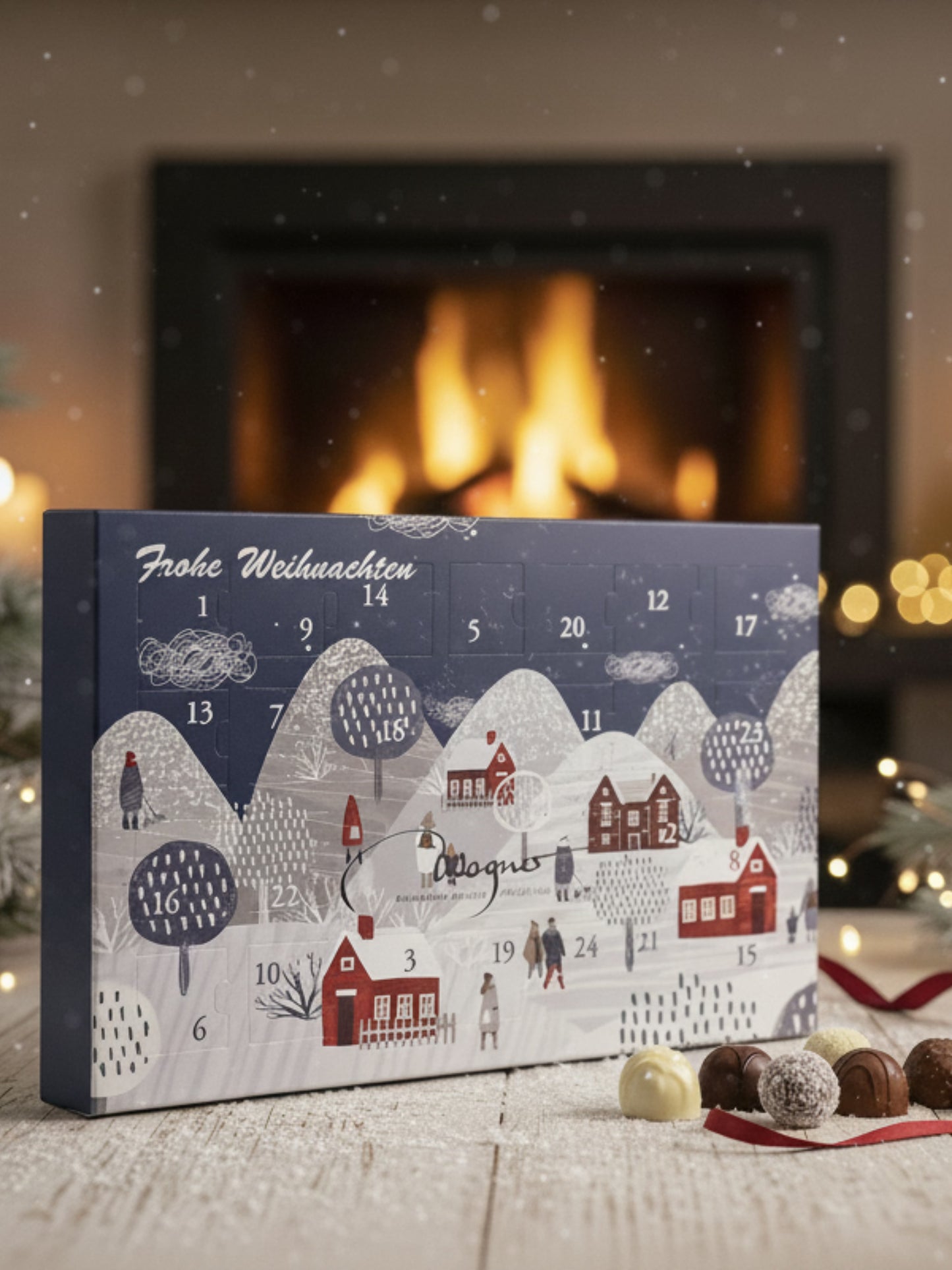 Wagner Pralinen Adventskalender-Minis „Moderne Winterlandschaft“ 130 g – stilvoller Mini-Adventskalender mit 24 feinen Confiserie-Schokoladen, erhältlich in der Dreyer Confiserie in der Rattenfängerstadt Hameln.