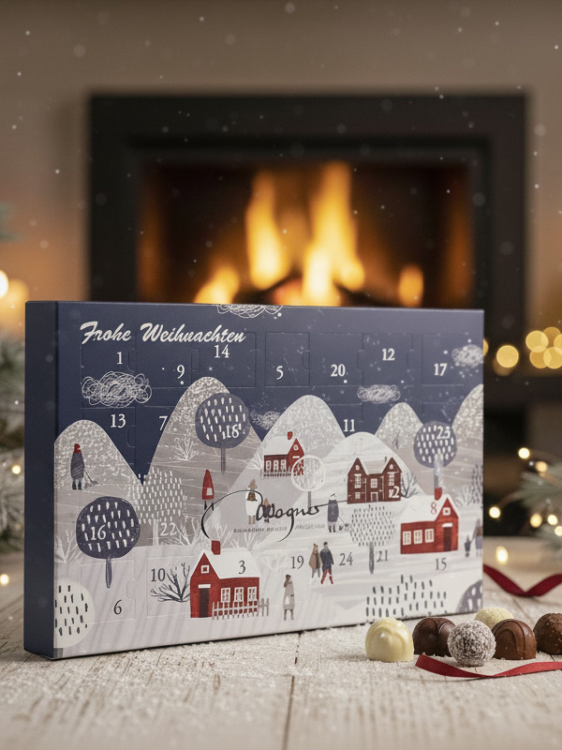 Wagner Pralinen Adventskalender-Minis „Moderne Winterlandschaft“ 130 g – stilvoller Mini-Adventskalender mit 24 feinen Confiserie-Schokoladen, erhältlich in der Dreyer Confiserie in der Rattenfängerstadt Hameln.