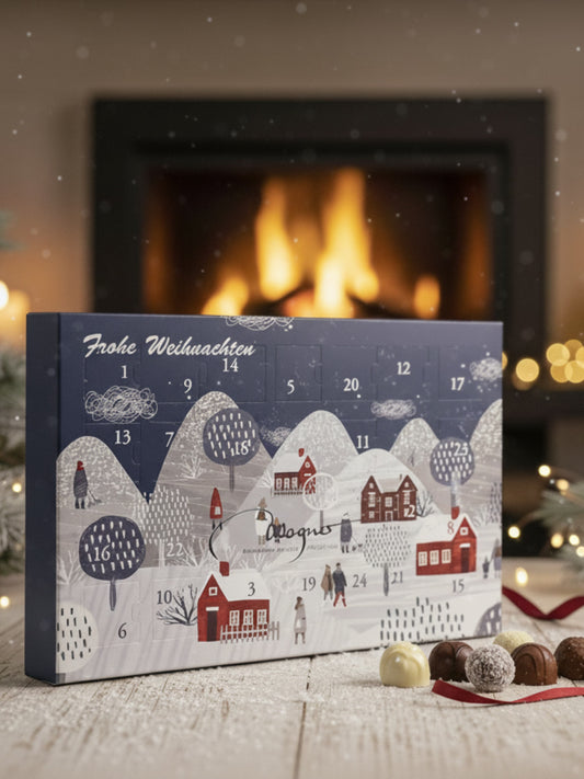 Wagner Pralinen Adventskalender-Minis „Moderne Winterlandschaft“ 130 g – stilvoller Mini-Adventskalender mit 24 feinen Confiserie-Schokoladen, erhältlich in der Dreyer Confiserie in der Rattenfängerstadt Hameln.