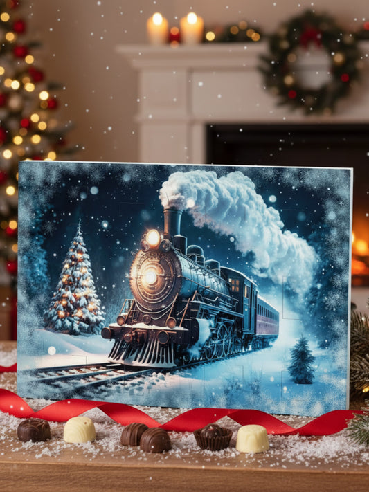 Wagner Pralinen Adventskalender „Weihnachtsexpress“ 130 g – festlicher Adventskalender mit 24 handgefertigten, alkoholfreien Mini-Trüffelpralinen in Zugform, erhältlich in der Dreyer Confiserie in der Rattenfängerstadt Hameln.
