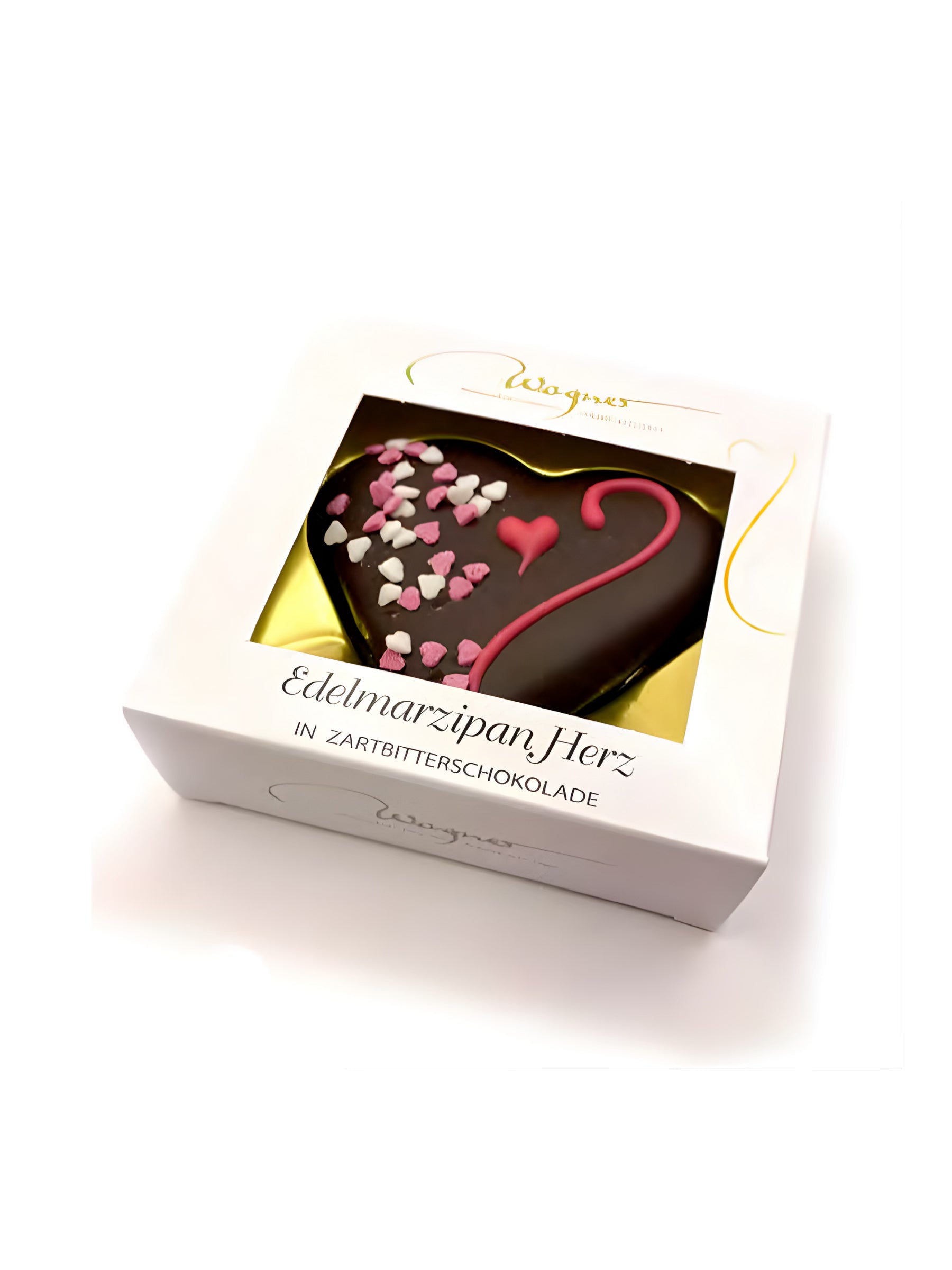 Wagner Pralinen Edelmarzipan Herz 50g aus Edelmarzipan in Zartbitterschokolade, dekoriertes Marzipanherz in Geschenkverpackung erhältlich in der Dreyer Confiserie. 