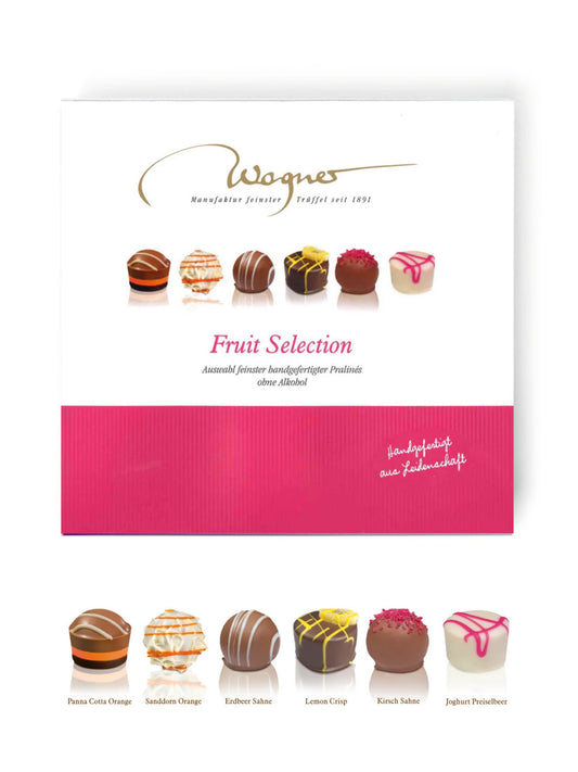 Wagner Pralinen Fruit Selection 100g, fruchtige Pralinés ohne Alkohol aus Zartbitter-, Vollmilch- und weißer Schokolade, handgefertigte Pralinenmischung.