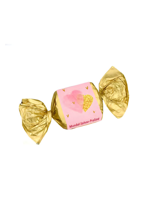 Wagner Pralinen Herz Happen Mandelsahne in Vollmilchschokolade 25 g, einzeln verpackte Herz-Praline in goldener Folie erhältlich in der Dreyer Confiserie aus der Rattenfängerstadt Hameln.
