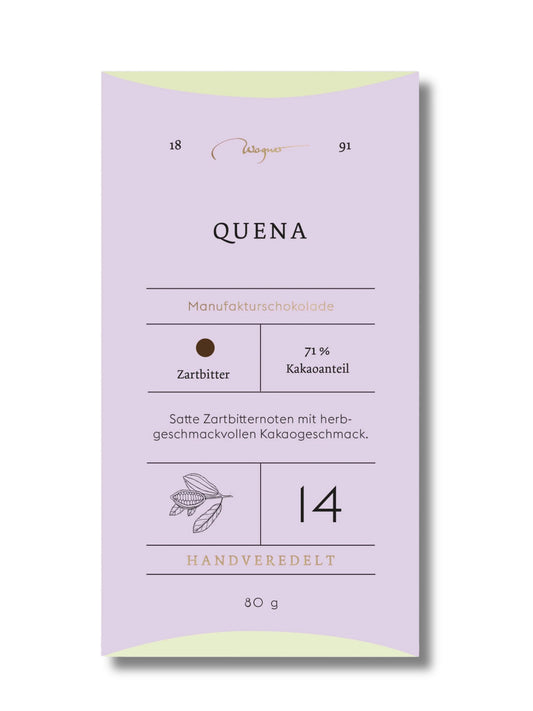 Wagner Manufakturschokolade Quena – Edelbitterschokolade mit 71 % Kakaoanteil, handgeschöpft, erhältlich in der Dreyer Confiserie in der Rattenfängerstadt Hameln.