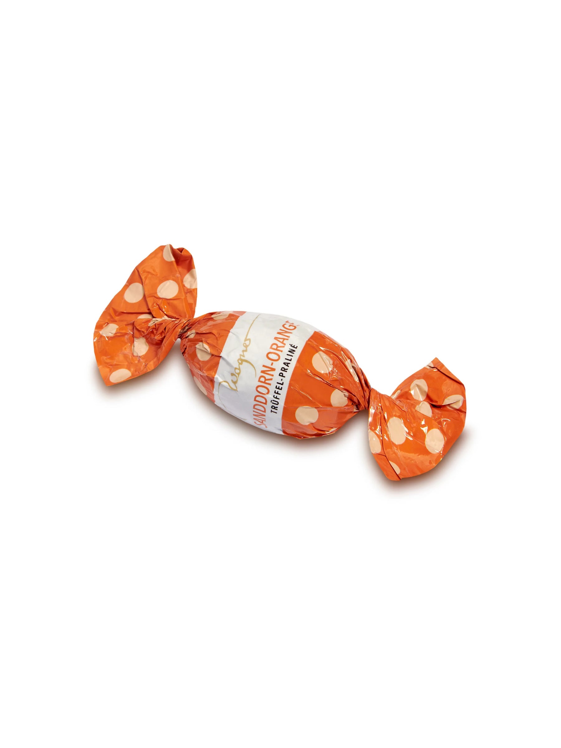 Trüffel-Osterei Sanddorn-Orange von Wagner Pralinen. Vollmilchschokolade mit fruchtiger Sanddorn-Orange-Trüffelfüllung, erhältlich in der Confiserie Dreyer.