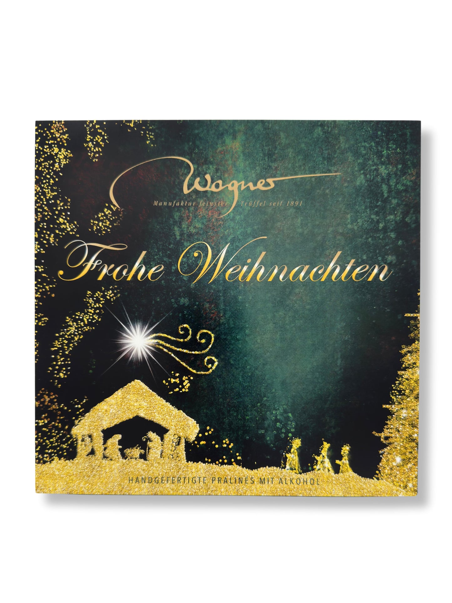 Einschieber "Frohe Weihnachten" Wagner Trüffelpralinés Klassik 200 g, handgefertigte Pralinenmischung mit feinen Trüffeln und edlen Spirituosen, erhältlich in der Dreyer Confiserie in der Rattenfängerstadt Hameln.