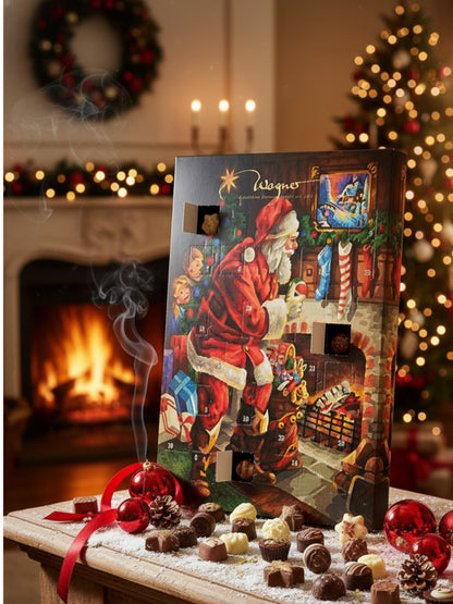 Wagner Pralinen Adventskalender „Weihnachtsmann“ 315 g – XL-Pralinenkalender mit 24 handgefertigten Confiserie-Pralinen und Trüffeln ohne Alkohol, erhältlich in der Dreyer Confiserie in der Rattenfängerstadt Hameln.