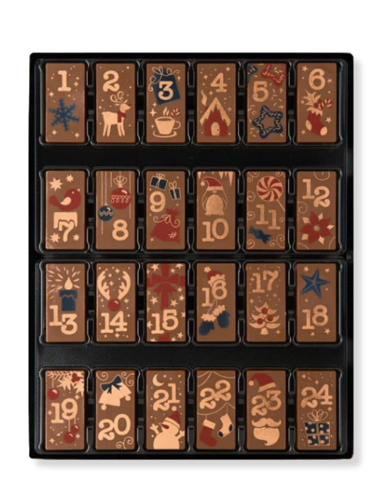 Adventskalender Domino Vollmilch 200 g – edler Schokoladenkalender mit 24 dekorierten Täfelchen aus feiner Edelvollmilchschokolade, erhältlich in der Dreyer Confiserie in der Rattenfängerstadt Hameln.