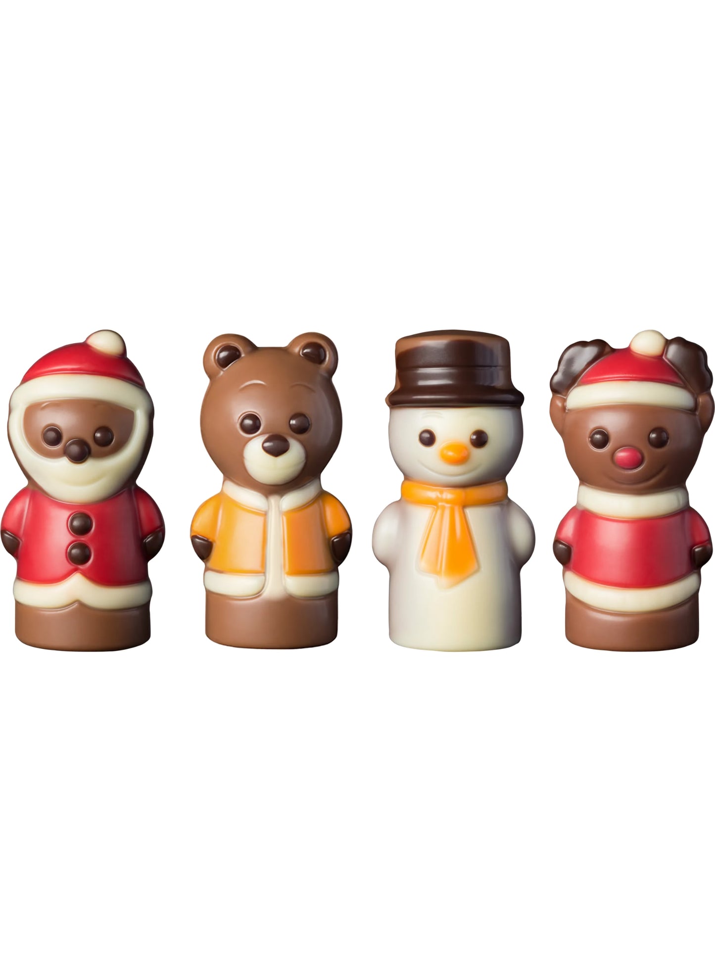 Weibler Mini Weihnachtsfiguren sortiert 10 g – vier liebevoll dekorierte Schokoladenfiguren aus Edelvollmilch-Schokolade, ideal für Adventskalender und kleine Aufmerksamkeiten, erhältlich in der Dreyer Confiserie in der Rattenfängerstadt Hameln.