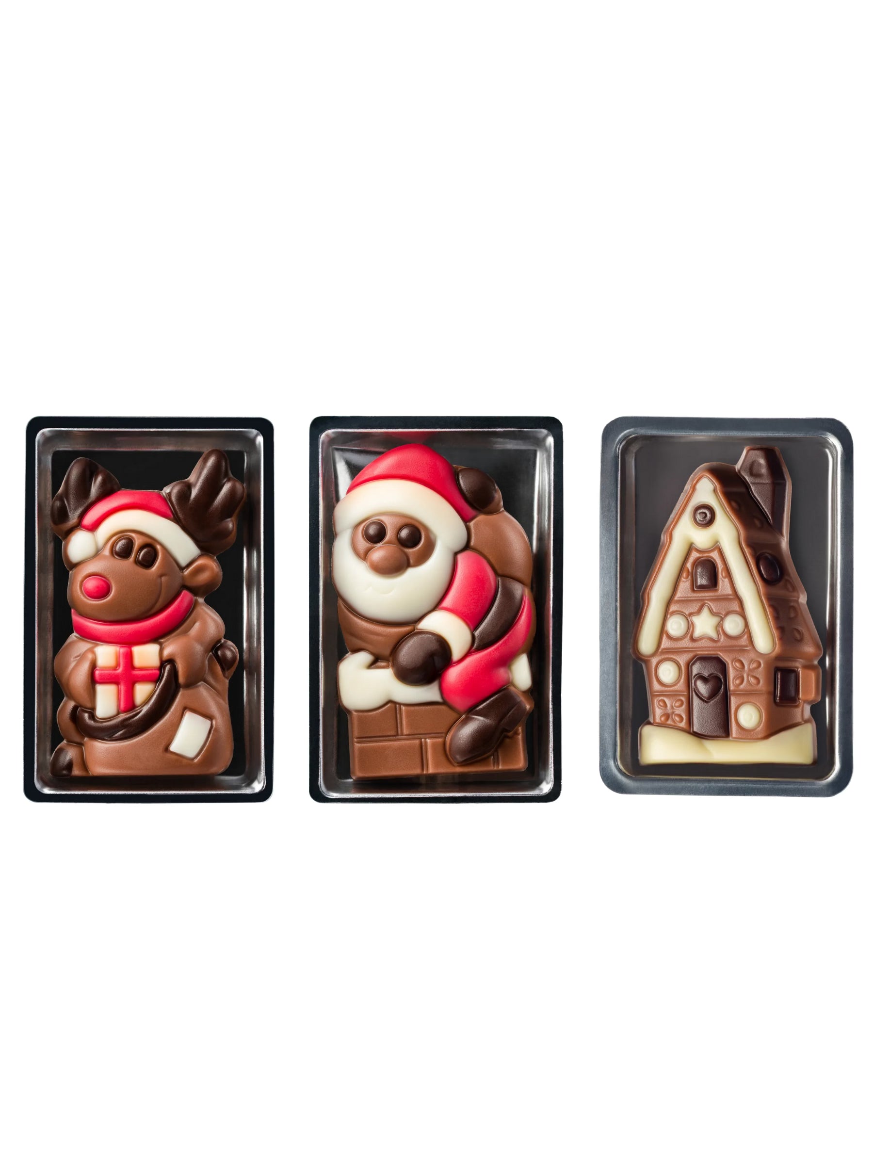 Weibler Reliefset Weihnachten 10 g – kleine weihnachtliche Schokoladenreliefs aus Edelvollmilch-Schokolade, drei festliche Motive sortiert erhältlich in der Dreyer Confiserie in der Rattenfängerstadt Hameln.