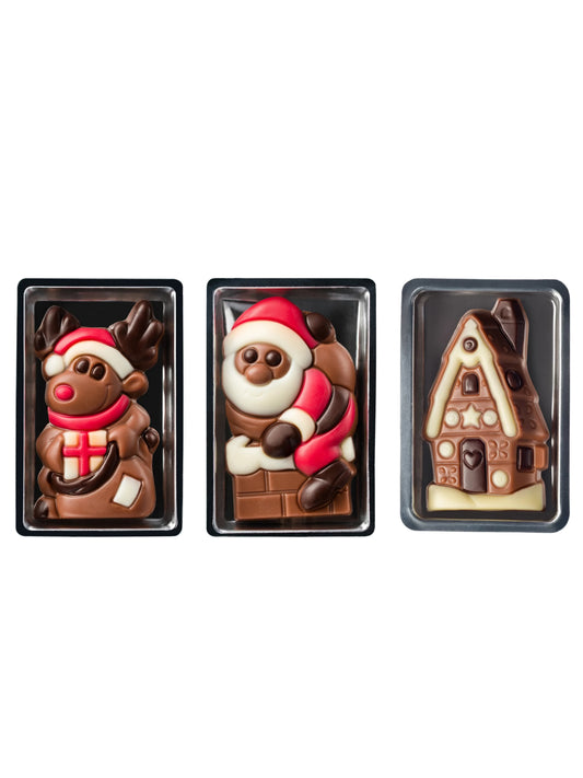 Weibler Reliefset Weihnachten 10 g – kleine weihnachtliche Schokoladenreliefs aus Edelvollmilch-Schokolade, drei festliche Motive sortiert erhältlich in der Dreyer Confiserie in der Rattenfängerstadt Hameln.