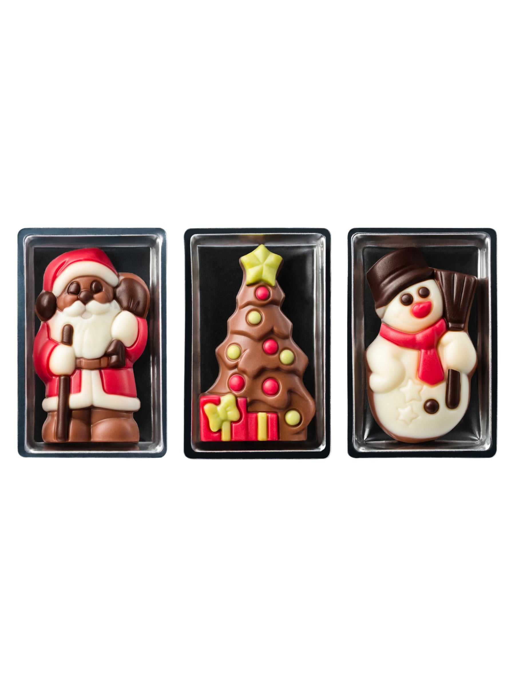 Weibler Reliefset Weihnachten sortiert 10 g – drei festliche Schokoladenreliefs aus Edelvollmilch-Schokolade in verschiedenen Motiven, einzeln verpackt, erhältlich in der Dreyer Confiserie in der Rattenfängerstadt Hameln.