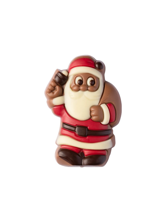 Weibler Weihnachtsmann mit Glocke 35 g – liebevoll dekorierte Figur aus Edelvollmilch-Schokolade, ideal als kleine Aufmerksamkeit in der Weihnachtszeit, erhältlich in der Dreyer Confiserie in der Rattenfängerstadt Hameln.