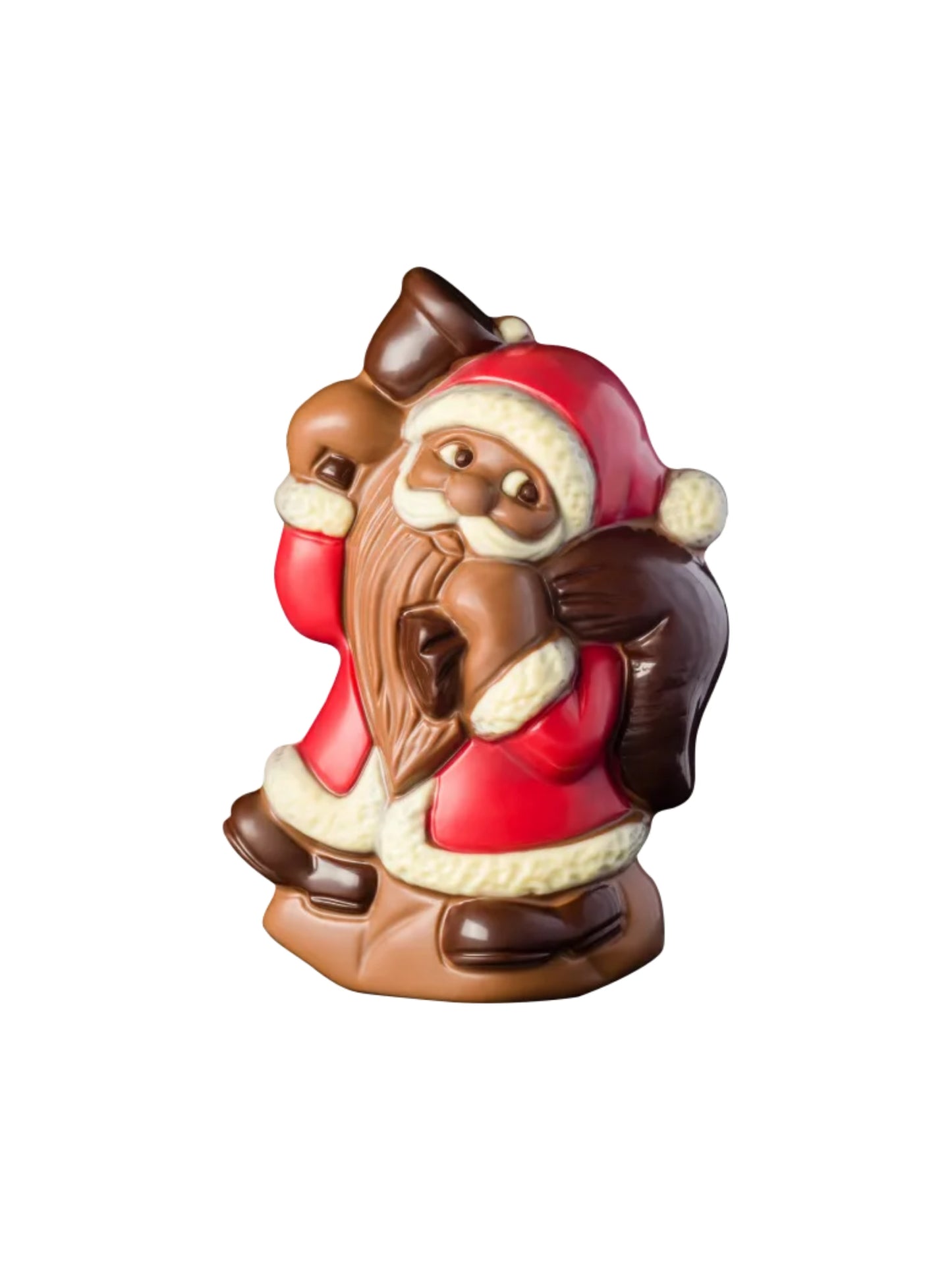 Weibler Weihnachtsmann mit Glocke 40 g – detailreich dekorierte Figur aus Edelvollmilch-Schokolade, ideal als kleine Aufmerksamkeit in der Weihnachtszeit, erhältlich in der Dreyer Confiserie in der Rattenfängerstadt Hameln.