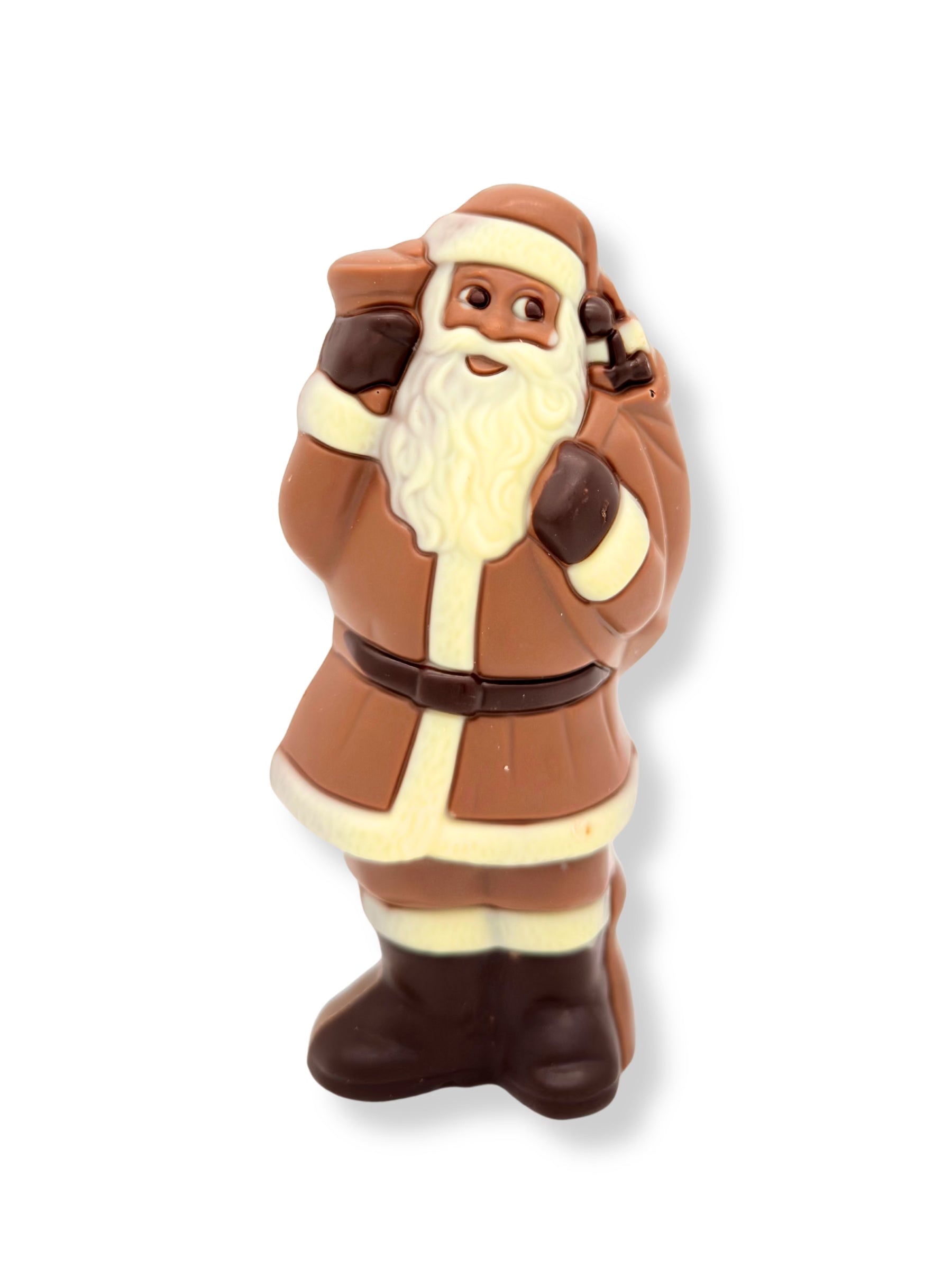 Weibler Weihnachtsmann Vollmilch 125 g, handgefertigte Schokoladenfigur aus Edelvollmilchschokolade mit Details aus Weiß- und Zartbitterschokolade, erhältlich in der Dreyer Confiserie in der Rattenfängerstadt Hameln.