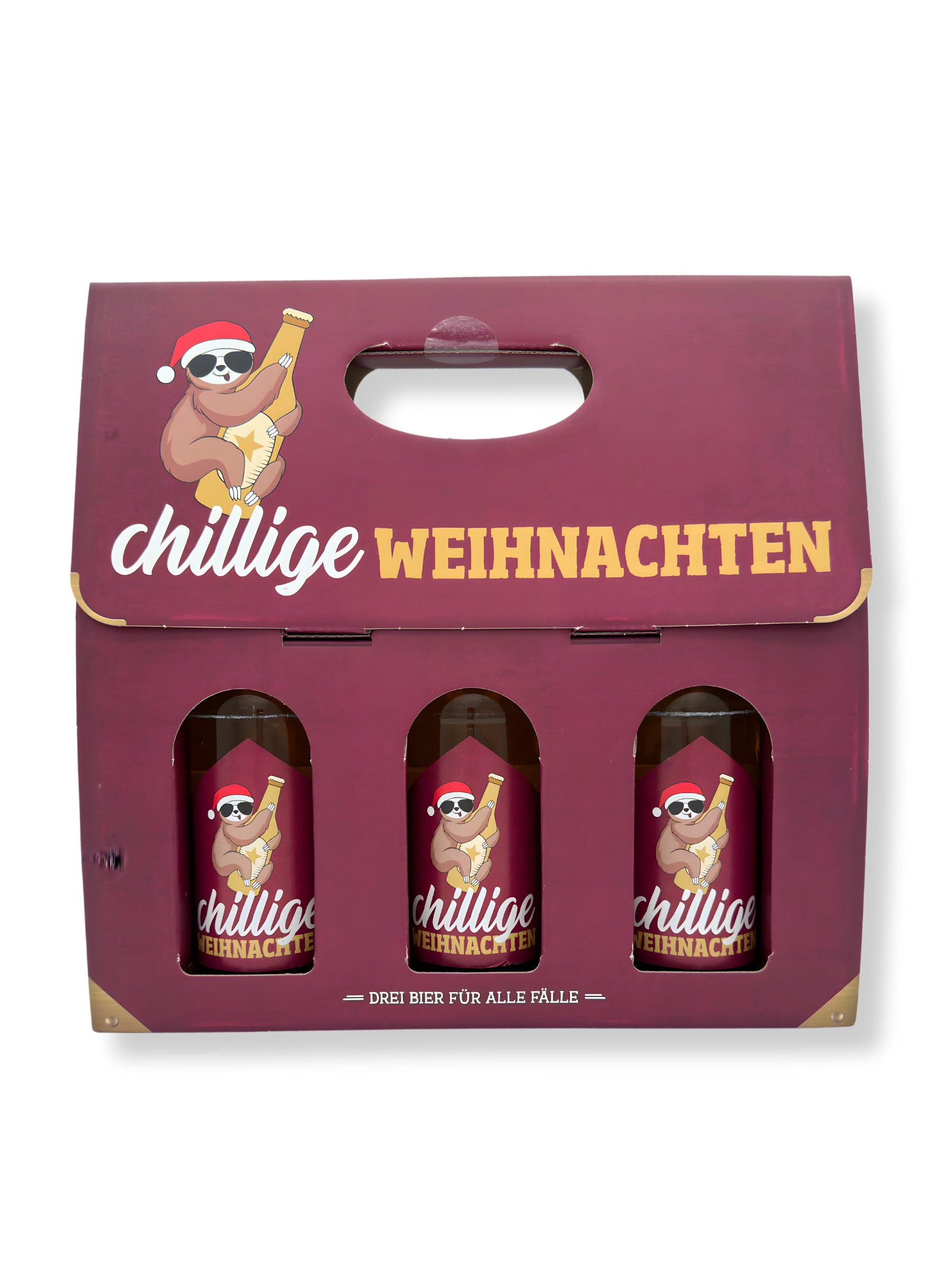 La Vida Männerkoffer „Chillige Weihnachten“ – Geschenkset mit 3×0,33l Lagerbier im humorvollen Faultier-Weihnachtsdesign, erhältlich in der Dreyer Confiserie in der Rattenfängerstadt Hameln.
