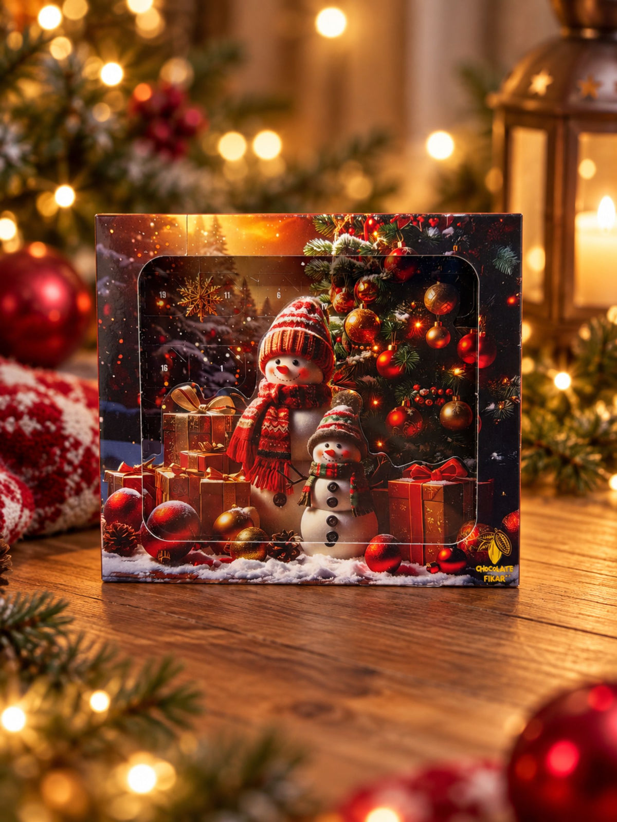 Weihnachtsleporello Adventskalender Schneemann A6 mit Milchschokolade in festlicher Weihnachtsdekoration