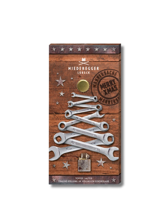 Niederegger Weihnachtsschokolade Toffee Salted Männersache 100 g – Vollmilchschokolade mit gesalzener Toffee-Praliné-Füllung, erhältlich bei Dreyer Confiserie Hameln.