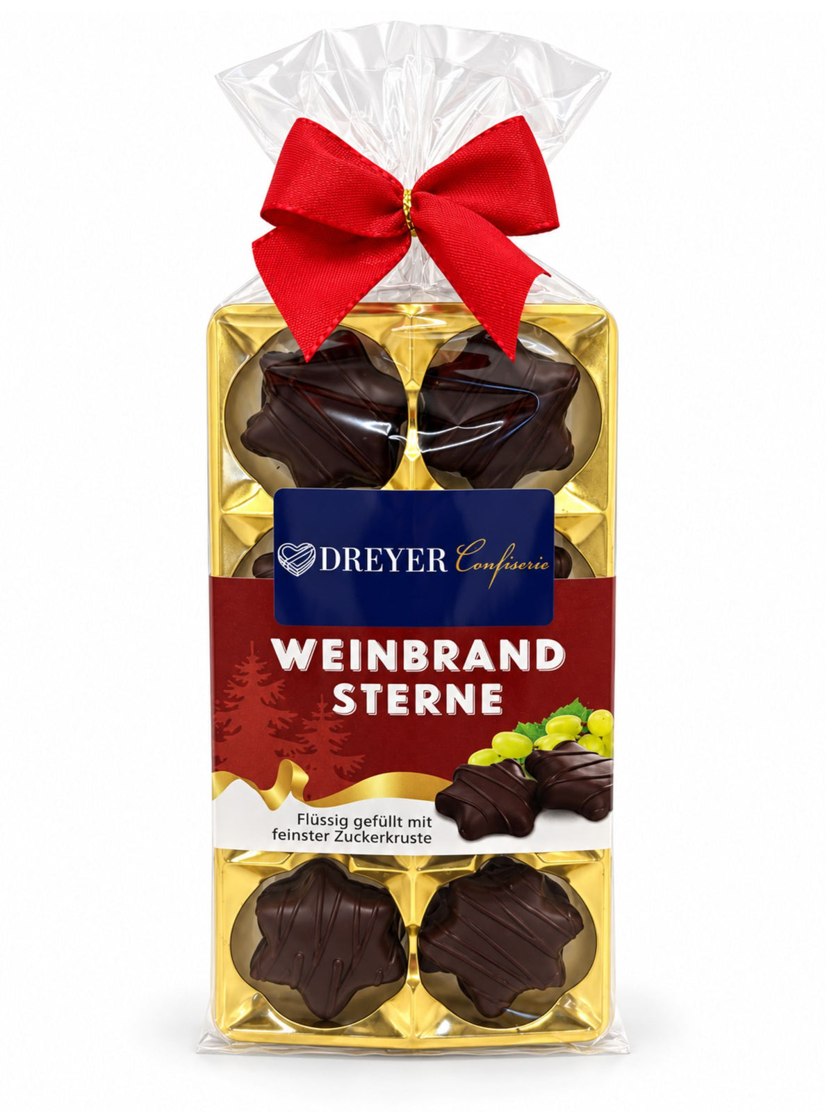 Weinbrand-Sterne mit Bitterschokolade 100g von Dreyer Confiserie mit flüssiger Weinbrand-Füllung
Bild