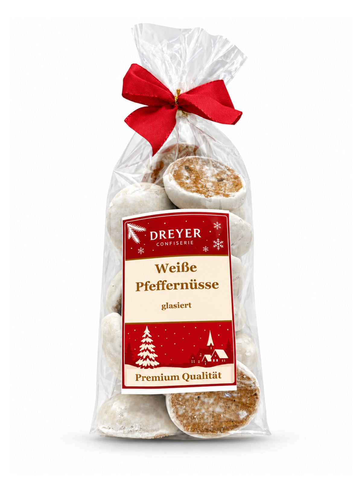 Weiße Pfeffernüsse glasiert 200g von Dreyer Confiserie in weihnachtlicher Verpackung